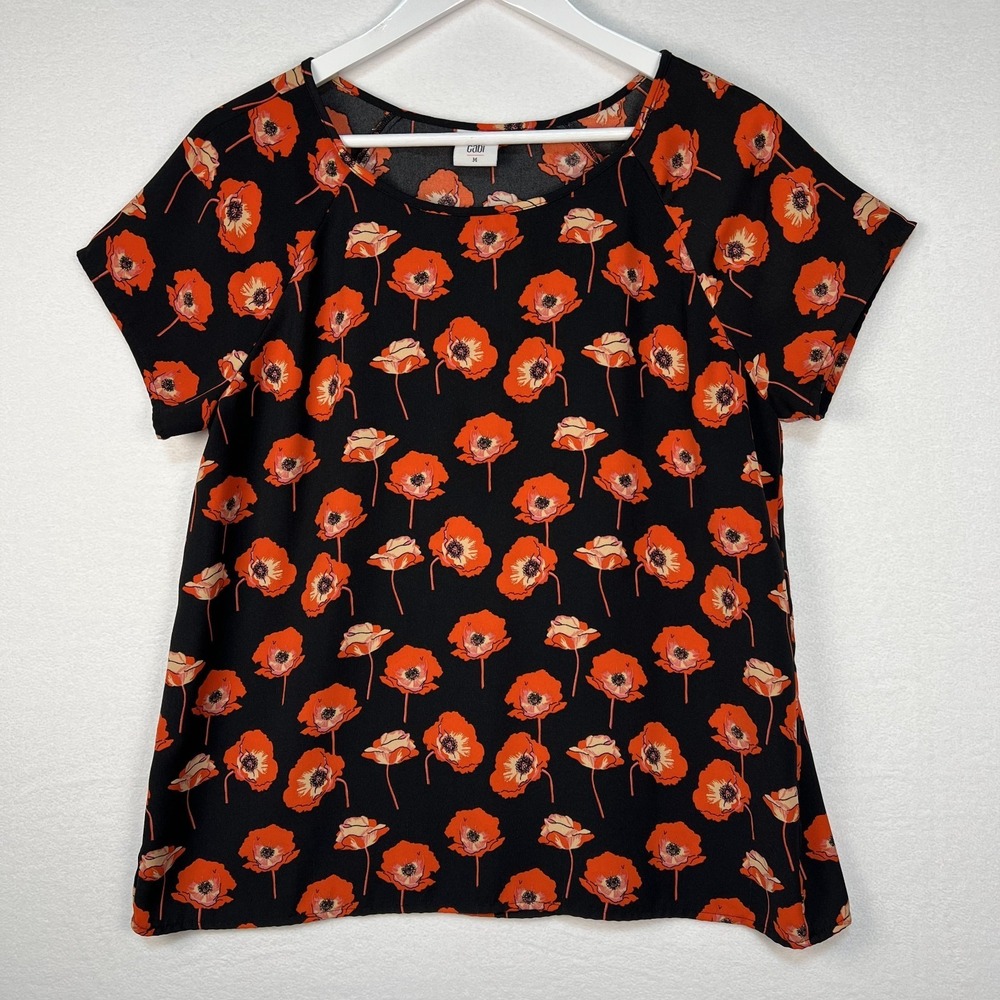 CABI Red Black Poppy Top Blouse‎ M Short Sleeve Floral Back Slit Office Travel